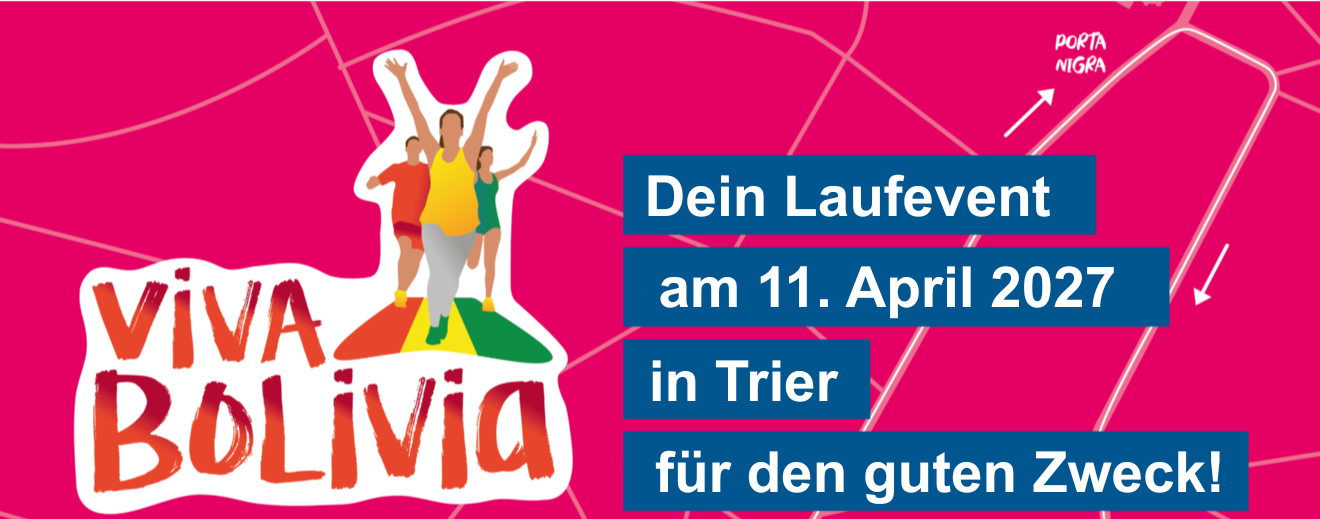 Das Bild zeigt eine Karte von Trier von der Porta Nigra bis zum Dom. Die Karte ist auf einem Magentafarbenem Hintergrund und mit weißen Linien ist eine Laufstrecke markiert. Dazu wird auf den Spenden- und Inklusionslauf ViVa Bolivia am 11. April 2027 hingewiesen. (c) Jugend Bistum Trier Das Bild zeigt eine Karte von Trier von der Porta Nigra bis zum Dom. Die Karte ist auf einem Magentafarbenem Hintergrund und mit weißen Linien ist eine Laufstrecke markiert. Dazu wird auf den Spenden- und Inklusionslauf ViVa Bolivia am 11. April 2027 hingewiesen.