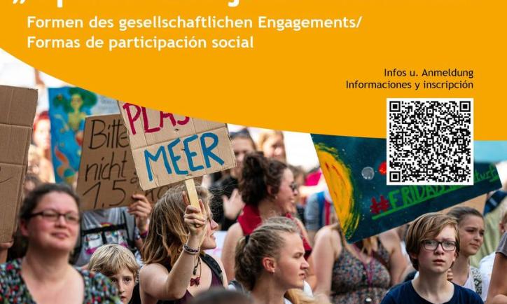 Das Bild zeigt einen Flyer für einen bolivianischer Austausch. Darauf sind Menschen auf einer Demo