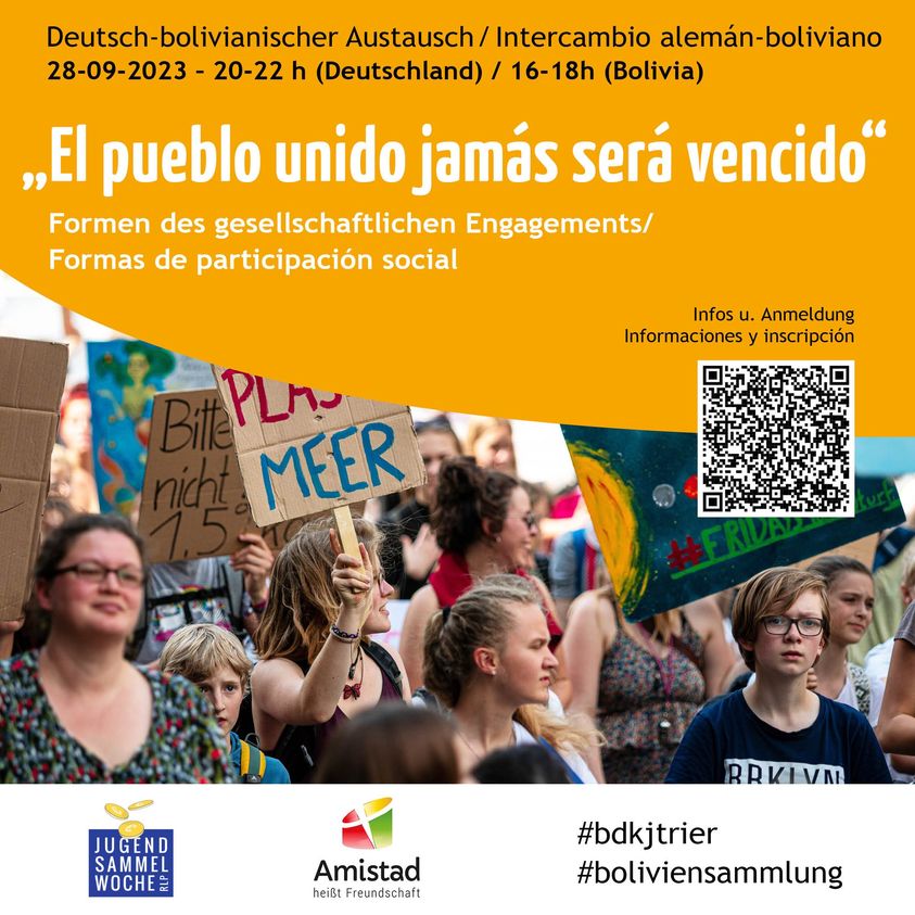 Das Bild zeigt einen Flyer für einen bolivianischer Austausch. Darauf sind Menschen auf einer Demo