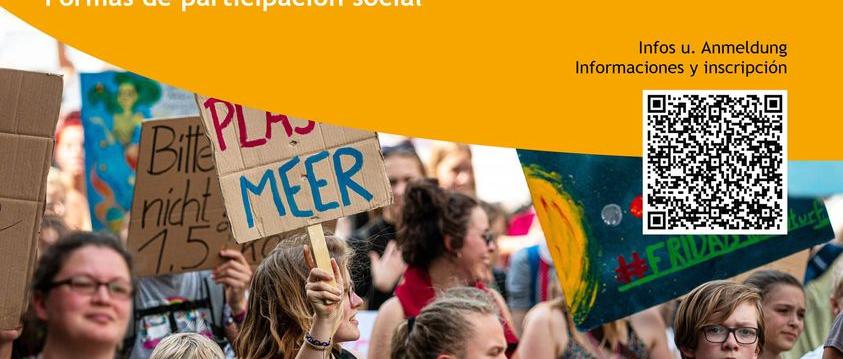 Das Bild zeigt einen Flyer für einen bolivianischer Austausch. Darauf sind Menschen auf einer Demo