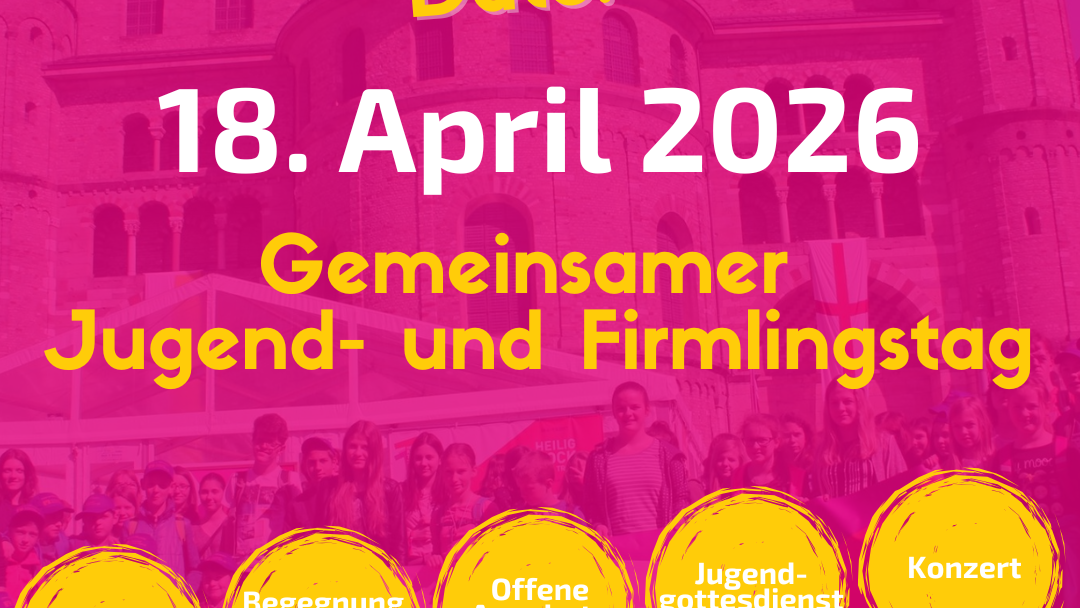 Save the Date des Jugend- und Firmlingstages mit jungen Menschen vor dem Trierer Dom.