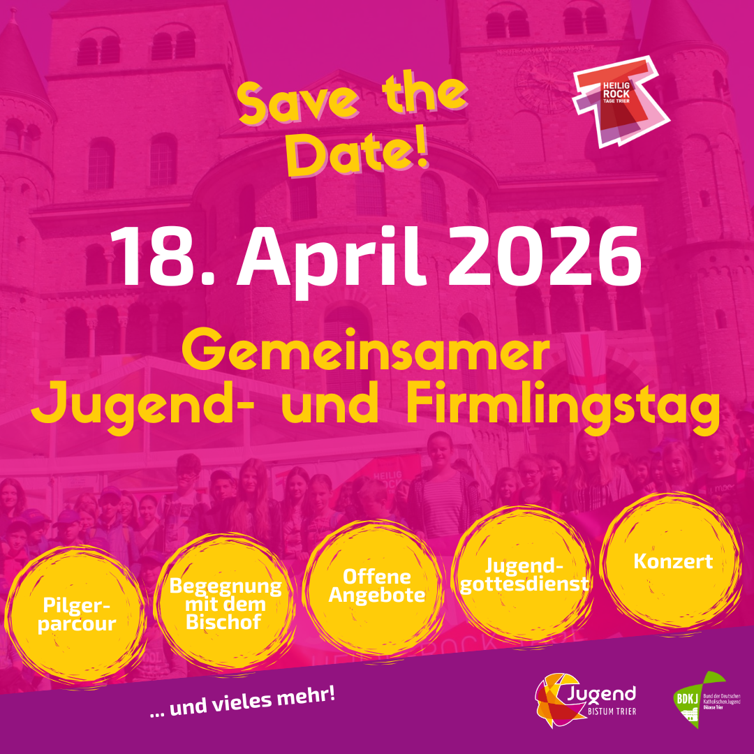 Save the Date des Jugend- und Firmlingstages mit jungen Menschen vor dem Trierer Dom.