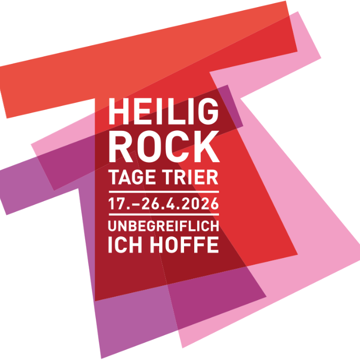 Das Bild zeigt das Logo der Heilig Rock Tage des Bistums Trier. Es sind drei Röcke in rot, lila und rosa, welche überlappen.