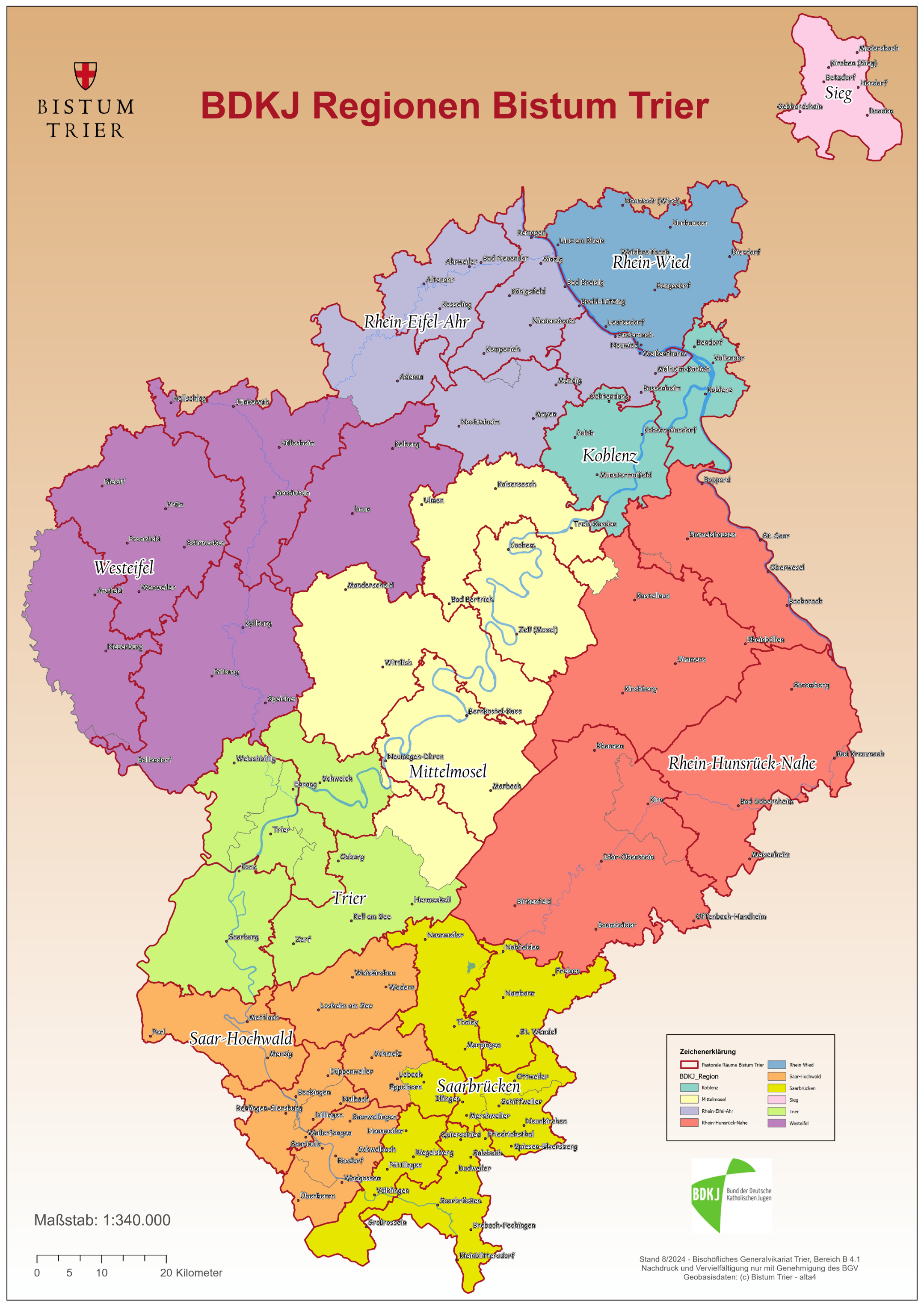 Das Bild zeigt eine Landkarte mit den Grenzen des Bistums Trier. Darauf sind die Regionen des BDKJ farblich markiert.
