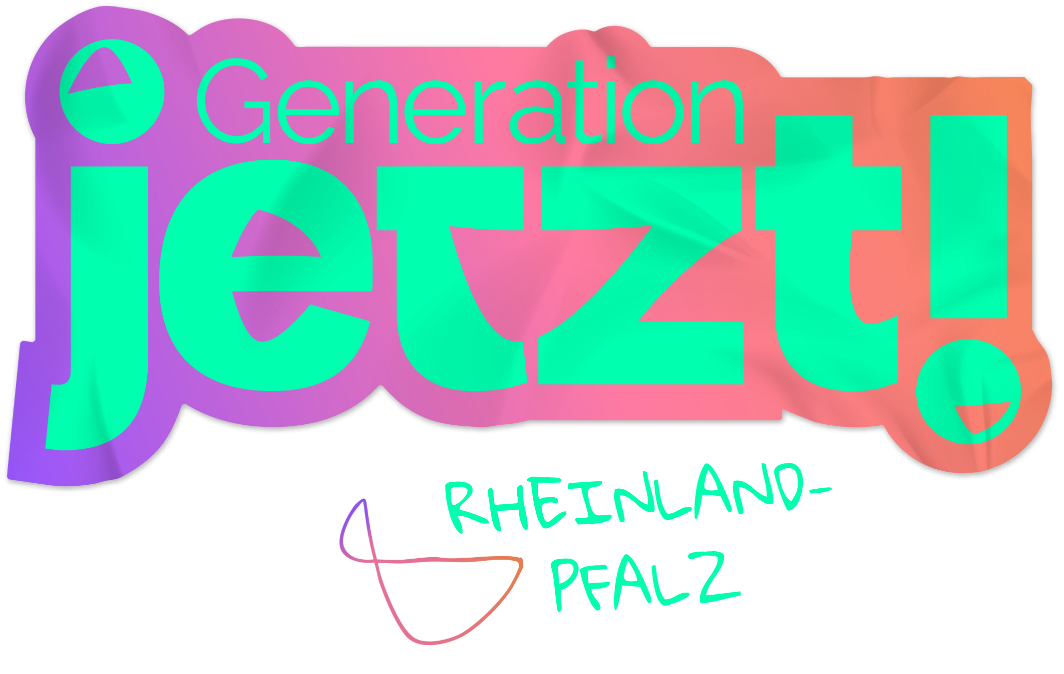 Das Bild zeigt das Logo der Kampagne Generation Jetzt! in Rheinland-Pfalz. In grüner Schrift steht Generation Jetzt! auf einem lila roten Hintergrund.