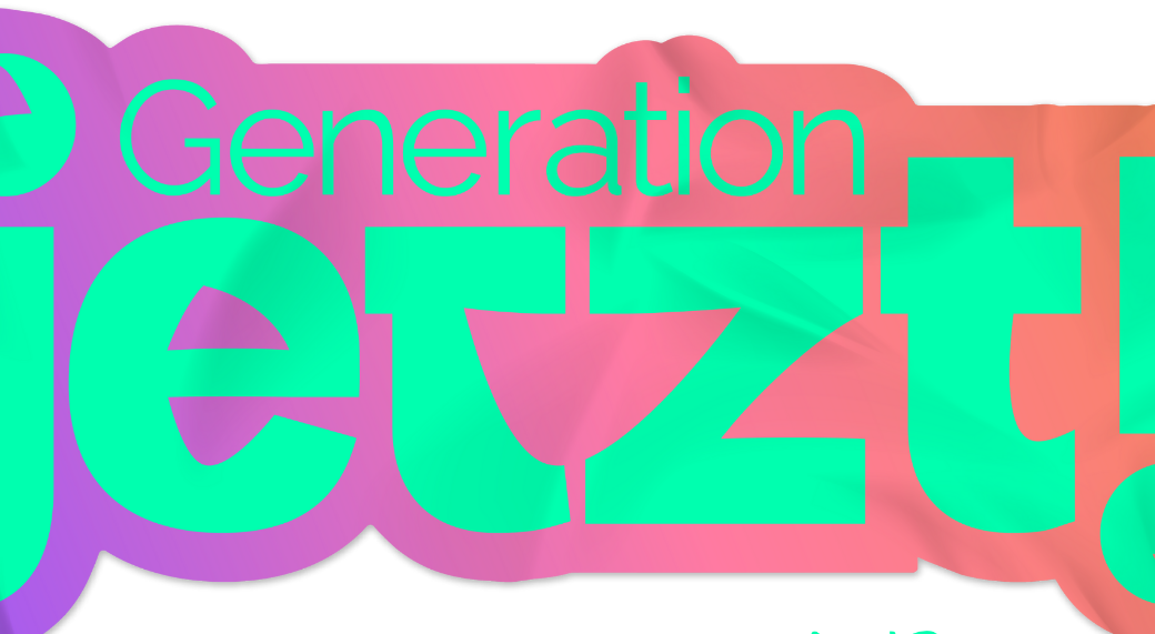 Das Bild zeigt das Logo der Kampagne Generation Jetzt! in Rheinland-Pfalz. In grüner Schrift steht Generation Jetzt! auf einem lila roten Hintergrund.