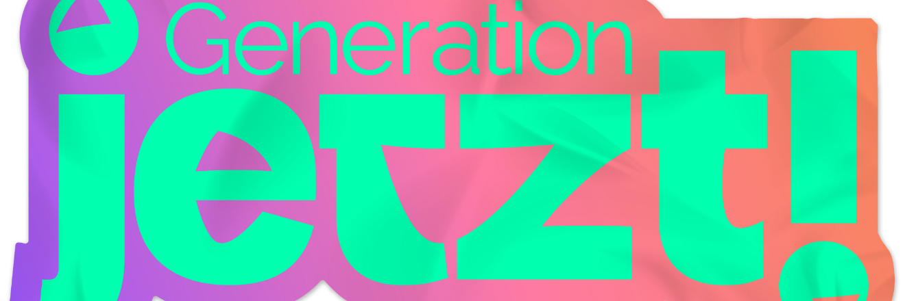 Das Bild zeigt das Logo der Kampagne Generation Jetzt! in Rheinland-Pfalz. In grüner Schrift steht Generation Jetzt! auf einem lila roten Hintergrund.
