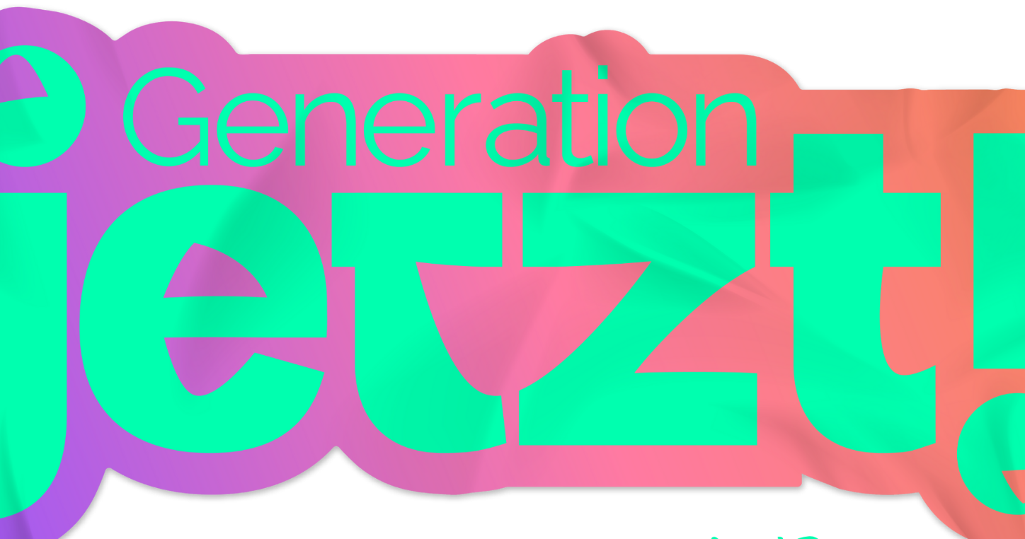 Das Bild zeigt das Logo der Kampagne Generation Jetzt! in Rheinland-Pfalz. In grüner Schrift steht Generation Jetzt! auf einem lila roten Hintergrund.