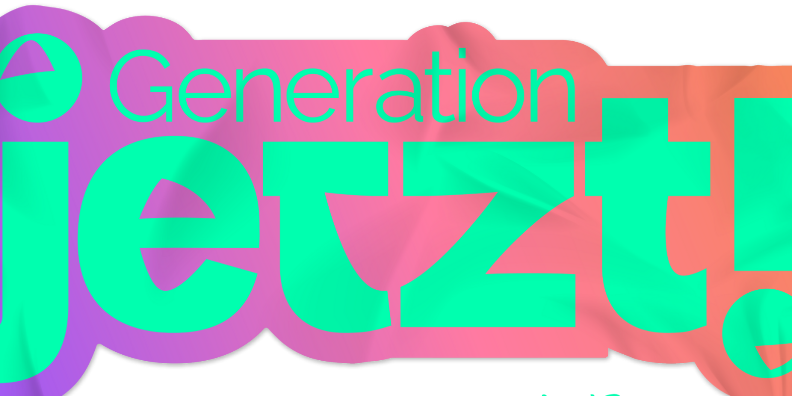 Das Bild zeigt das Logo der Kampagne Generation Jetzt! in Rheinland-Pfalz. In grüner Schrift steht Generation Jetzt! auf einem lila roten Hintergrund.