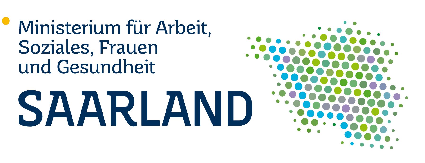 Das Bild zeigt die Karte des Saarlandes mit der Schrift ministerium für frauen arbeit gesundheit und soziales saarland