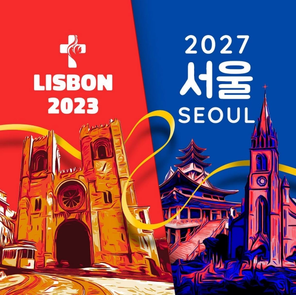 Wahrzeichen aus Lissabon und Seoul mit der Angabe der Jahre 2023 und 2027